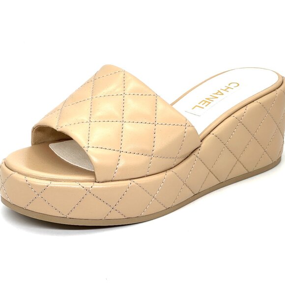 CHANEL 24P Quilted Leather Open Toe Wedge Heel Mule Slide Platform Sandal - Picture 1 of 14